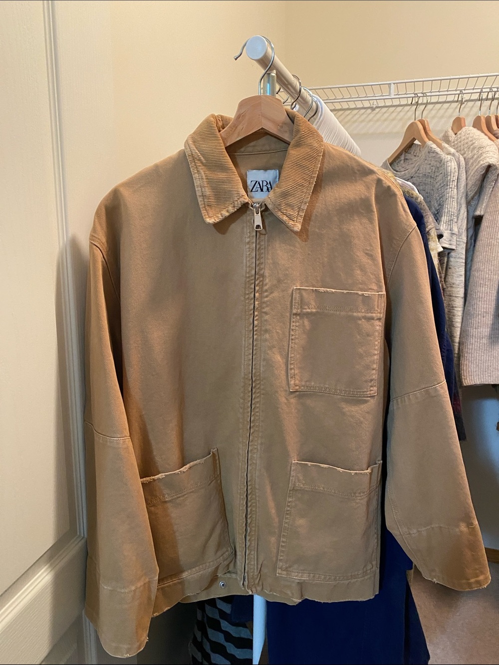 (NWOT) ZARA Tan Canvas Overcoat Jacket with Corduroy Collar XS